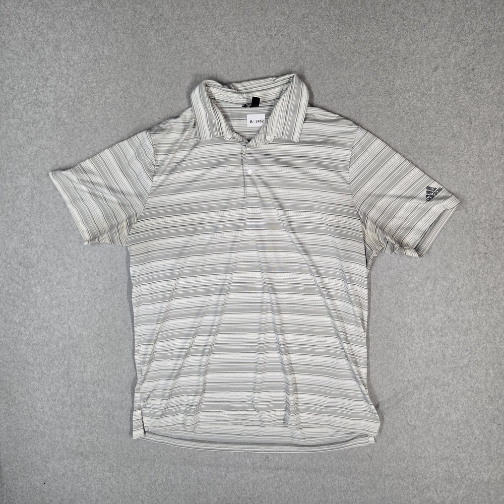 Adidas Men Polo XL Gray Striped Activewear Logo Short Sleeve Button Collar READ